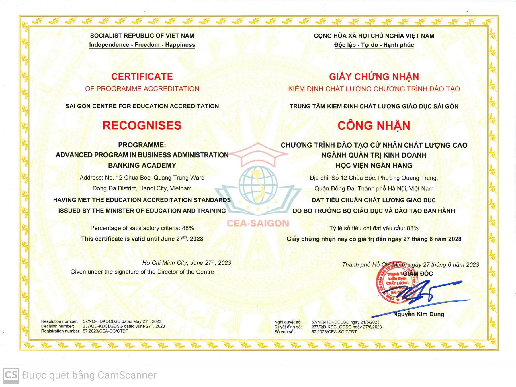 Giấy chứng nhận Kiểm định chất lượng CTĐT Cử nhân Chất lượng cao ngành Quản trị kinh doanh